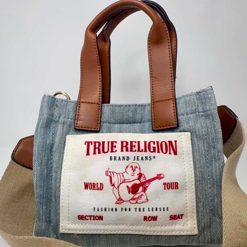 True Religion World Tour Mini Tote Crossbody Bag‎ Denim Buddha Logo Patch Y2K